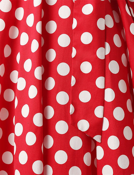 Temperament Retro Women Vintage Polka Dot Round Neck Short Sleeves Waist Bow A Line Spotty Ditsy Prints Dress