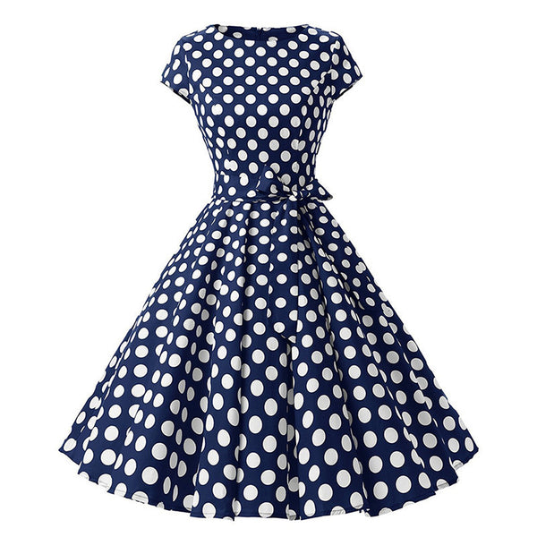 Temperament Retro Women Vintage Polka Dot Round Neck Short Sleeves Waist Bow A Line Spotty Ditsy Prints Dress
