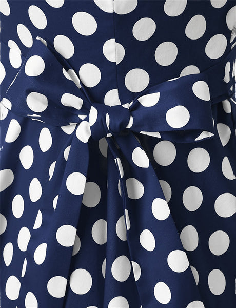Temperament Retro Women Vintage Polka Dot Round Neck Short Sleeves Waist Bow A Line Spotty Ditsy Prints Dress