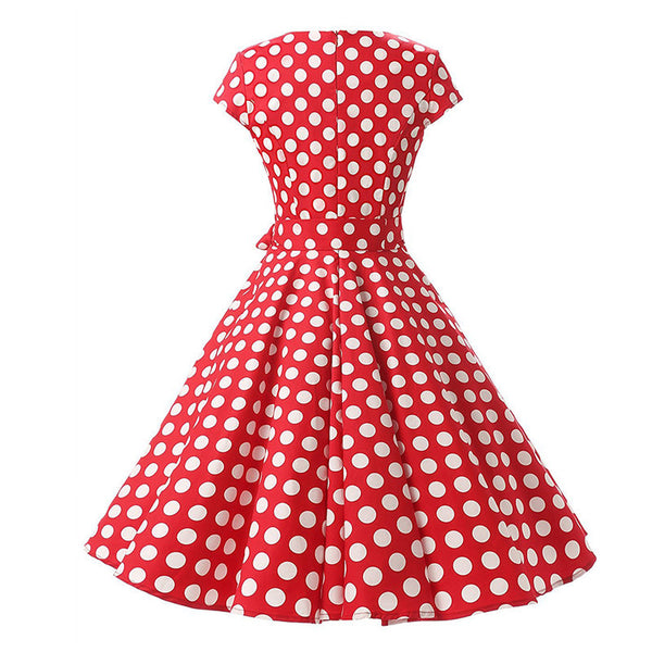 Temperament Retro Women Vintage Polka Dot Round Neck Short Sleeves Waist Bow A Line Spotty Ditsy Prints Dress
