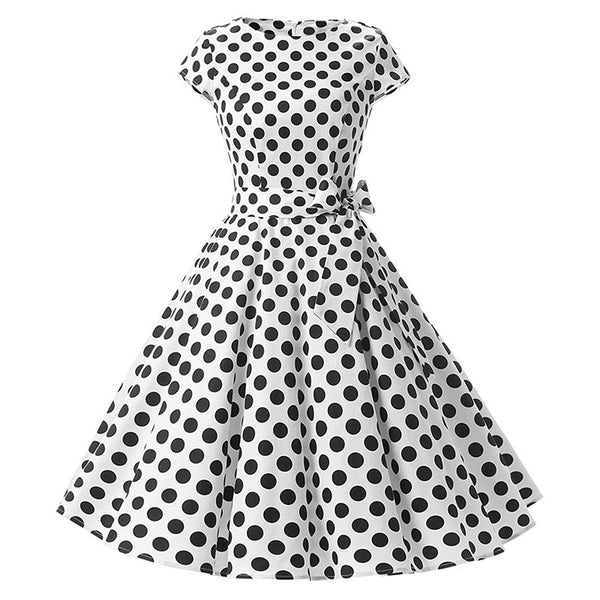 Temperament Retro Women Vintage Polka Dot Round Neck Short Sleeves Waist Bow A Line Spotty Ditsy Prints Dress