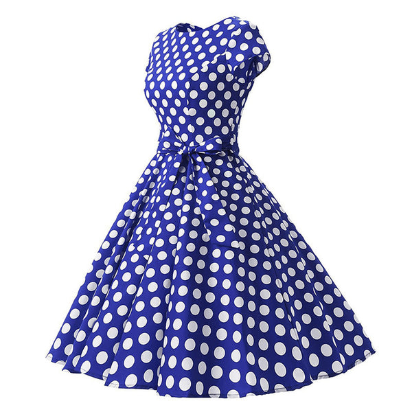 Temperament Retro Women Vintage Polka Dot Round Neck Short Sleeves Waist Bow A Line Spotty Ditsy Prints Dress