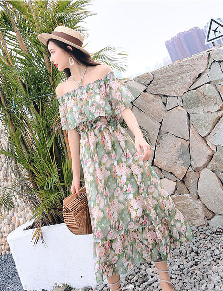 Amazing Fairy Sexy Women Beach Plus Size Off Shoulder Floral Bellflower Printed Sling Dress