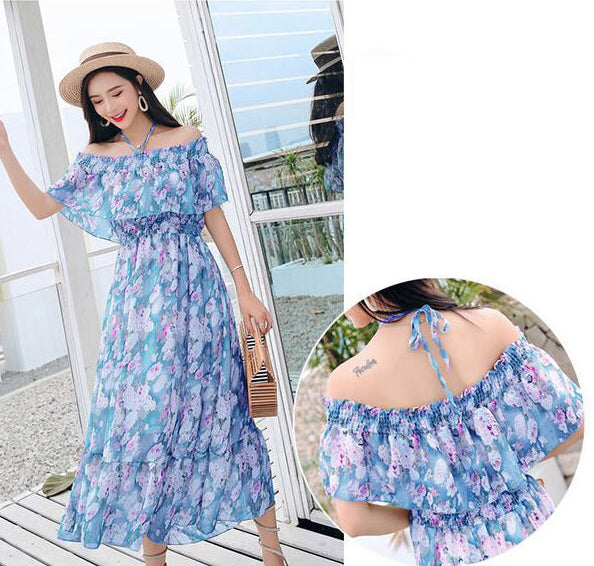 Amazing Fairy Sexy Women Beach Plus Size Off Shoulder Floral Bellflower Printed Sling Dress