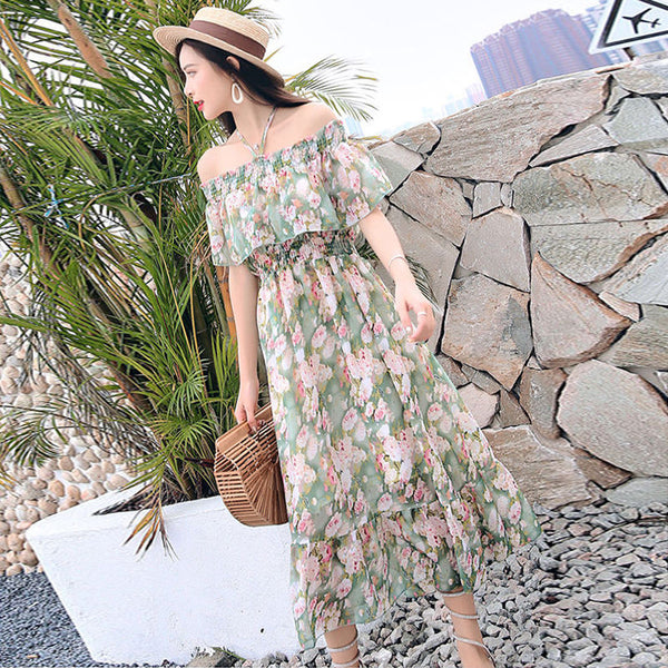 Amazing Fairy Sexy Women Beach Plus Size Off Shoulder Floral Bellflower Printed Sling Dress