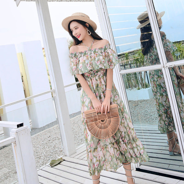 Amazing Fairy Sexy Women Beach Plus Size Off Shoulder Floral Bellflower Printed Sling Dress
