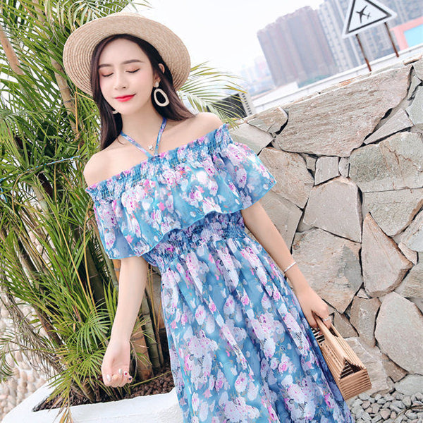 Amazing Fairy Sexy Women Beach Plus Size Off Shoulder Floral Bellflower Printed Sling Dress