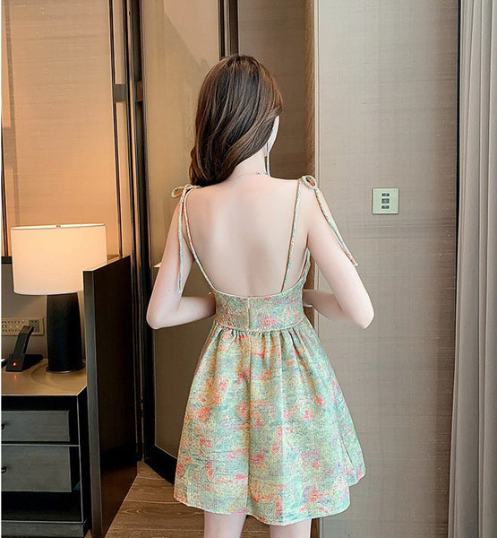 Summer Casual Beach Sexy Hot Women V Neck Shoulder Sling Greek Style Paint Printed High Waist Tutu Dress