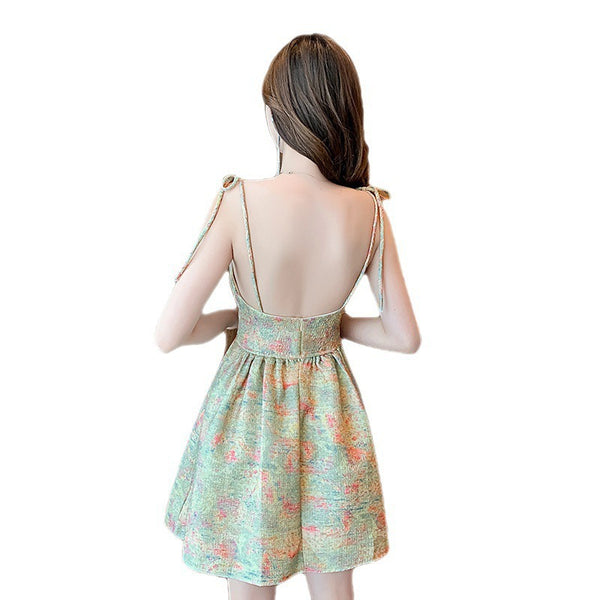 Summer Casual Beach Sexy Hot Women V Neck Shoulder Sling Greek Style Paint Printed High Waist Tutu Dress