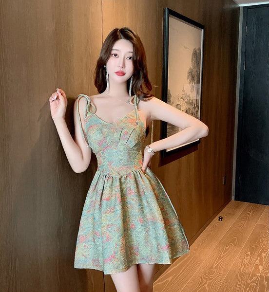 Summer Casual Beach Sexy Hot Women V Neck Shoulder Sling Greek Style Paint Printed High Waist Tutu Dress