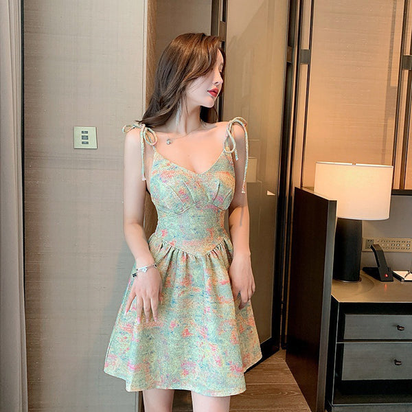 Summer Casual Beach Sexy Hot Women V Neck Shoulder Sling Greek Style Paint Printed High Waist Tutu Dress