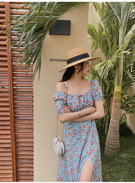 Summer Seaside Holiday Beach Chic Women Retro Palace Style Blue Bellflower Square Neck Side Split Floral Dress