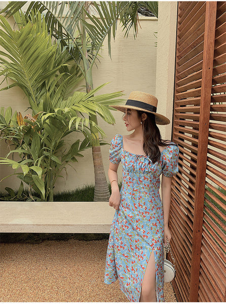 Summer Seaside Holiday Beach Chic Women Retro Palace Style Blue Bellflower Square Neck Side Split Floral Dress