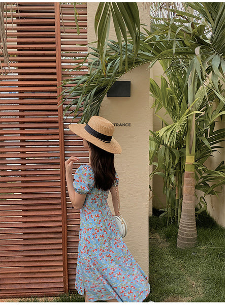 Summer Seaside Holiday Beach Chic Women Retro Palace Style Blue Bellflower Square Neck Side Split Floral Dress