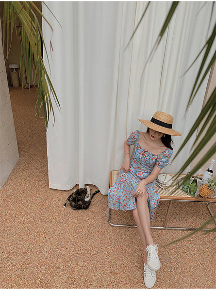 Summer Seaside Holiday Beach Chic Women Retro Palace Style Blue Bellflower Square Neck Side Split Floral Dress