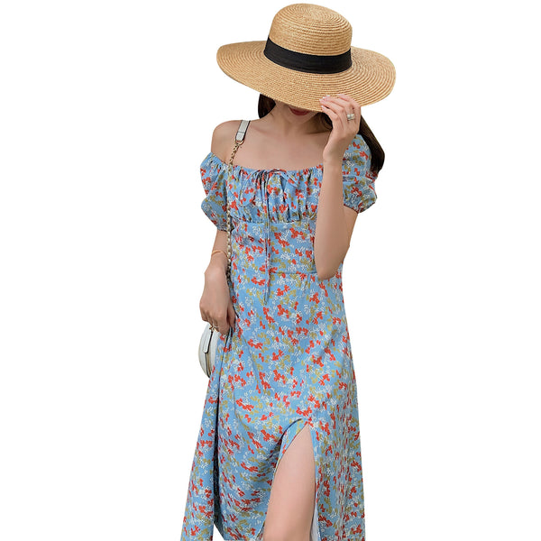 Summer Seaside Holiday Beach Chic Women Retro Palace Style Blue Bellflower Square Neck Side Split Floral Dress