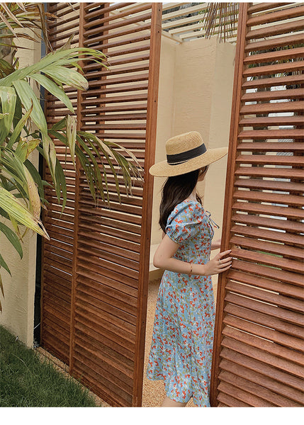 Summer Seaside Holiday Beach Chic Women Retro Palace Style Blue Bellflower Square Neck Side Split Floral Dress