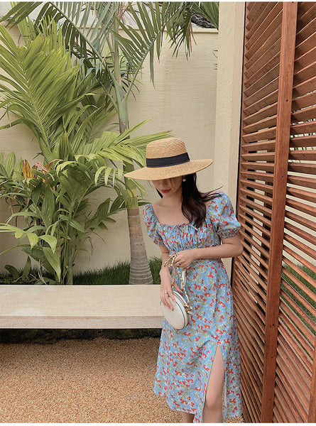 Summer Seaside Holiday Beach Chic Women Retro Palace Style Blue Bellflower Square Neck Side Split Floral Dress