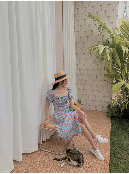 Summer Seaside Holiday Beach Chic Women Retro Palace Style Blue Bellflower Square Neck Side Split Floral Dress