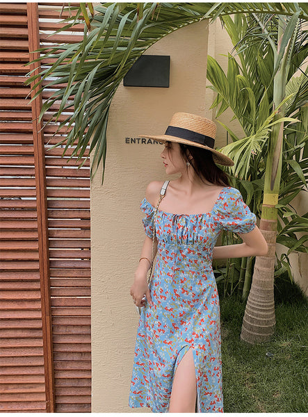 Summer Seaside Holiday Beach Chic Women Retro Palace Style Blue Bellflower Square Neck Side Split Floral Dress