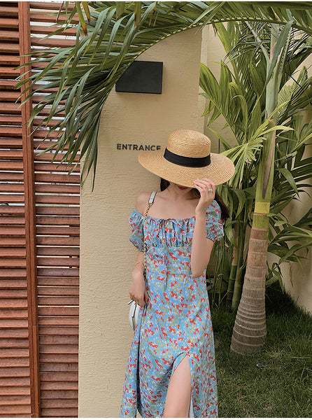 Summer Seaside Holiday Beach Chic Women Retro Palace Style Blue Bellflower Square Neck Side Split Floral Dress