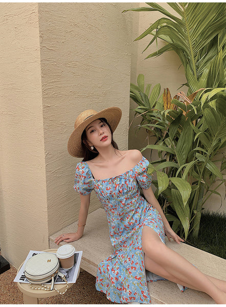 Summer Seaside Holiday Beach Chic Women Retro Palace Style Blue Bellflower Square Neck Side Split Floral Dress