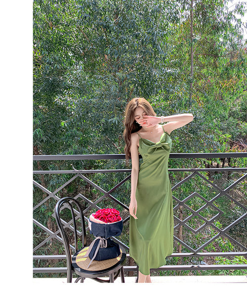 New Retro Summer Temperament Women Solid Color Sleeveless Slip Satin Spaghetti Strap Long Party Dress