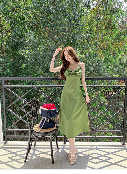 New Retro Summer Temperament Women Solid Color Sleeveless Slip Satin Spaghetti Strap Long Party Dress