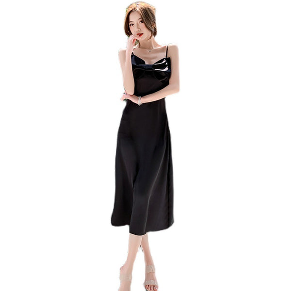 New Retro Summer Temperament Women Solid Color Sleeveless Slip Satin Spaghetti Strap Long Party Dress