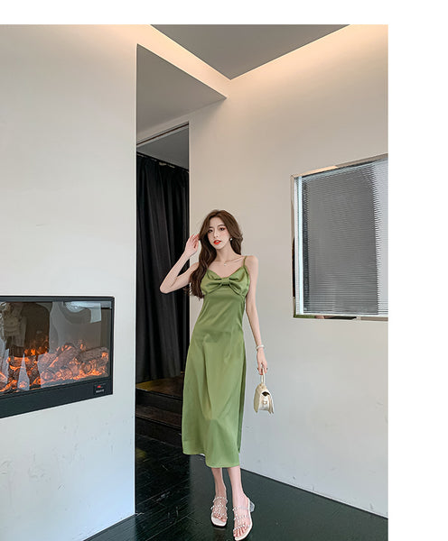 New Retro Summer Temperament Women Solid Color Sleeveless Slip Satin Spaghetti Strap Long Party Dress