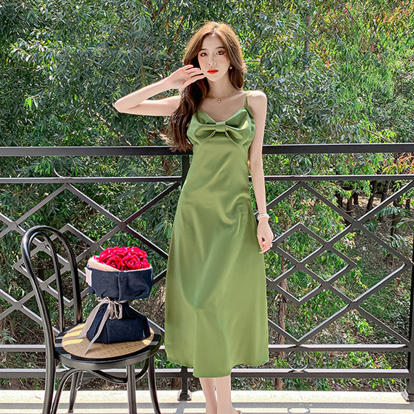 New Retro Summer Temperament Women Solid Color Sleeveless Slip Satin Spaghetti Strap Long Party Dress