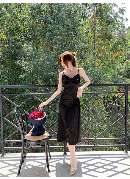 New Retro Summer Temperament Women Solid Color Sleeveless Slip Satin Spaghetti Strap Long Party Dress