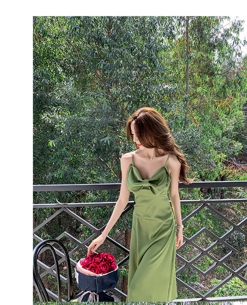 New Retro Summer Temperament Women Solid Color Sleeveless Slip Satin Spaghetti Strap Long Party Dress