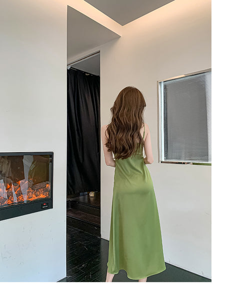 New Retro Summer Temperament Women Solid Color Sleeveless Slip Satin Spaghetti Strap Long Party Dress