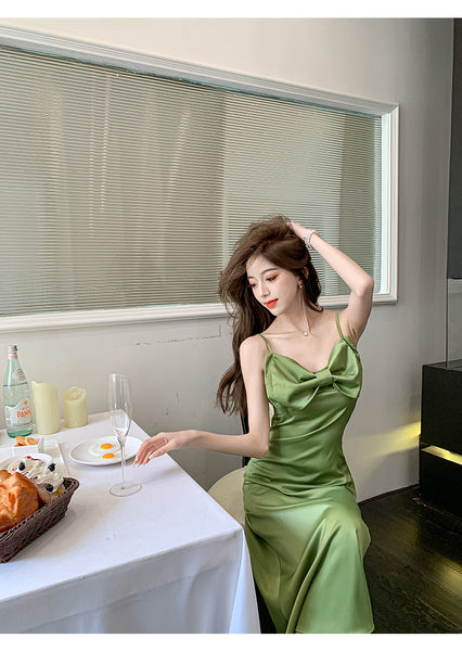 New Retro Summer Temperament Women Solid Color Sleeveless Slip Satin Spaghetti Strap Long Party Dress