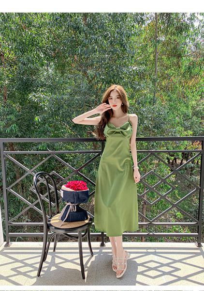 New Retro Summer Temperament Women Solid Color Sleeveless Slip Satin Spaghetti Strap Long Party Dress