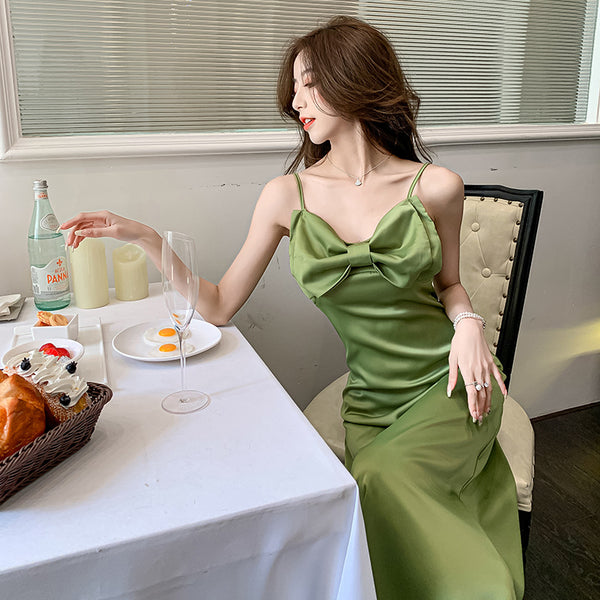 New Retro Summer Temperament Women Solid Color Sleeveless Slip Satin Spaghetti Strap Long Party Dress