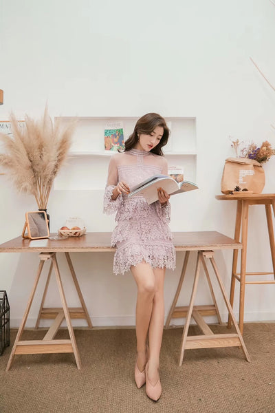 Summer Fashion Chic Cute Elegant Women Lace Stand Collar Trumpet Sleeve Ruffle Cake Birthday Party Dress