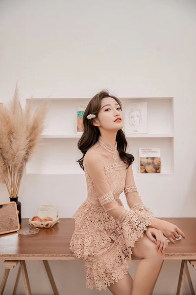 Summer Fashion Chic Cute Elegant Women Lace Stand Collar Trumpet Sleeve Ruffle Cake Birthday Party Dress