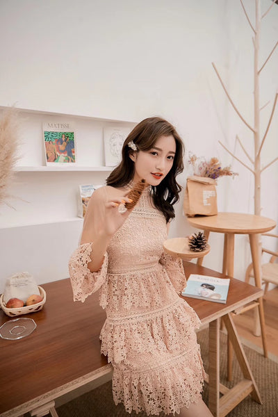 Summer Fashion Chic Cute Elegant Women Lace Stand Collar Trumpet Sleeve Ruffle Cake Birthday Party Dress