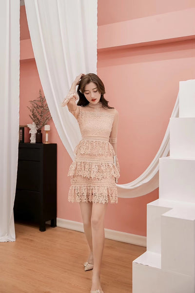 Summer Fashion Chic Cute Elegant Women Lace Stand Collar Trumpet Sleeve Ruffle Cake Birthday Party Dress