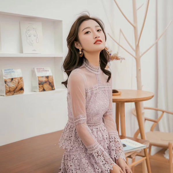 Summer Fashion Chic Cute Elegant Women Lace Stand Collar Trumpet Sleeve Ruffle Cake Birthday Party Dress