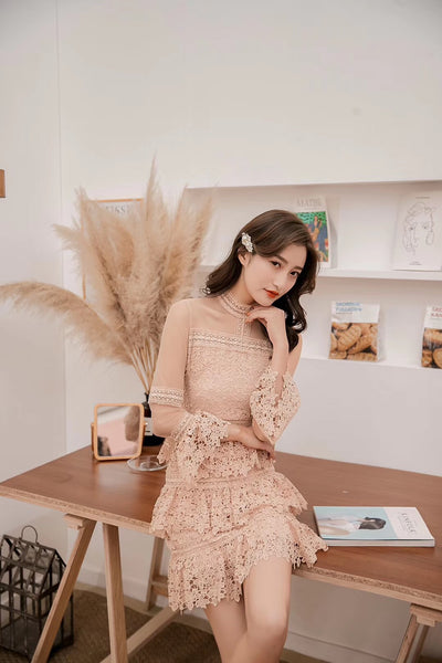 Summer Fashion Chic Cute Elegant Women Lace Stand Collar Trumpet Sleeve Ruffle Cake Birthday Party Dress