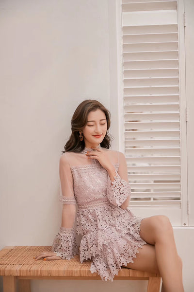 Summer Fashion Chic Cute Elegant Women Lace Stand Collar Trumpet Sleeve Ruffle Cake Birthday Party Dress