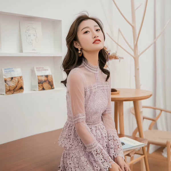 Summer Fashion Chic Cute Elegant Women Lace Stand Collar Trumpet Sleeve Ruffle Cake Birthday Party Dress