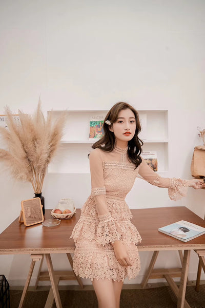 Summer Fashion Chic Cute Elegant Women Lace Stand Collar Trumpet Sleeve Ruffle Cake Birthday Party Dress