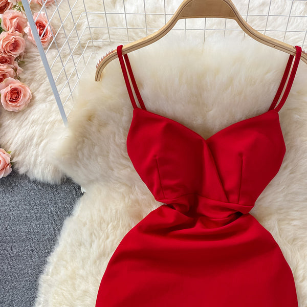 Summer Temperament Women Sleeveless Backless V Neck Spaghetti Strap Irregular Hip Buckle Design Mini Dress