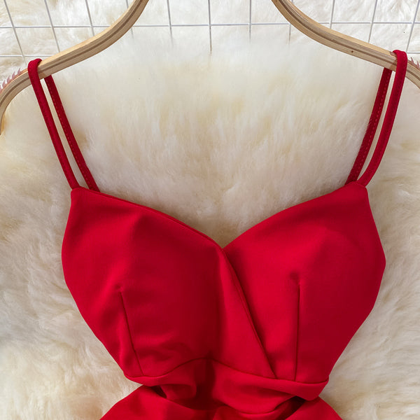 Summer Temperament Women Sleeveless Backless V Neck Spaghetti Strap Irregular Hip Buckle Design Mini Dress