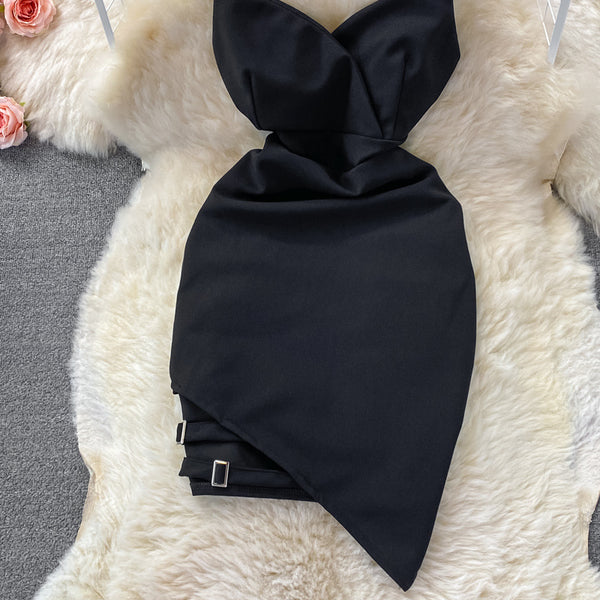 Summer Temperament Women Sleeveless Backless V Neck Spaghetti Strap Irregular Hip Buckle Design Mini Dress