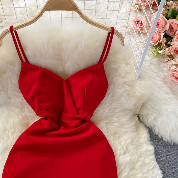 Summer Temperament Women Sleeveless Backless V Neck Spaghetti Strap Irregular Hip Buckle Design Mini Dress